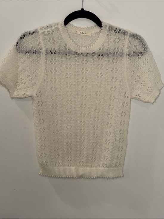 Doen Sweaters - DÔEN Monica Alpaca Wool Pointelle Short Sleeve Sweater - Ivory/Swan XS